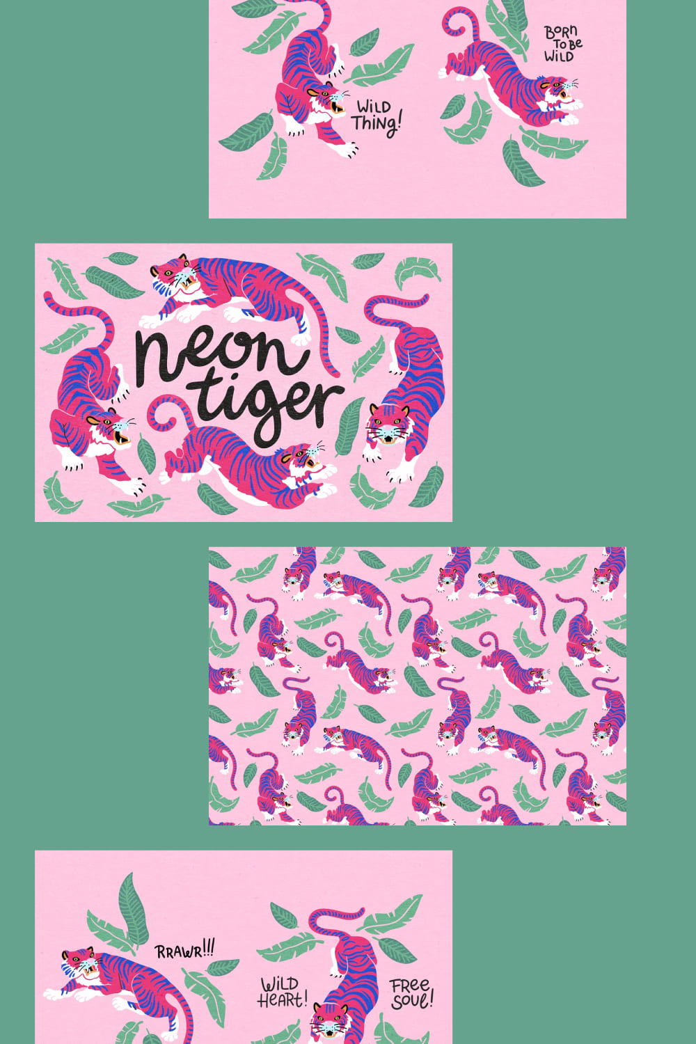  Neon Tigers Clipart and Pattern.