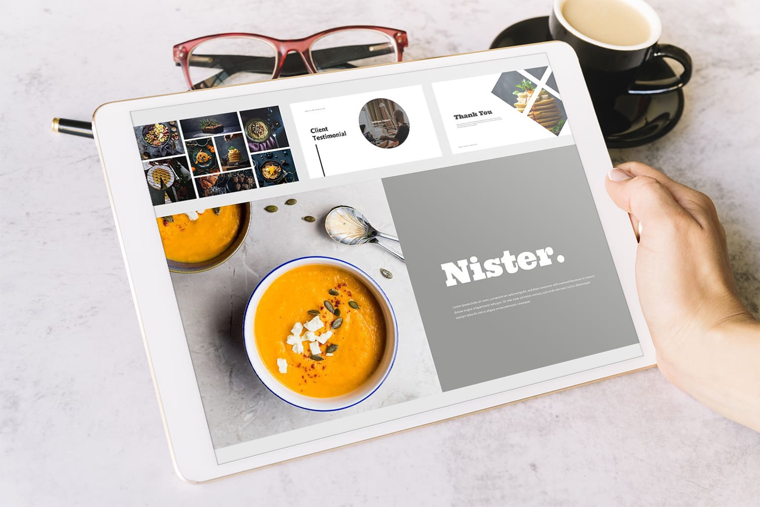Nister Food Powerpoint Template - Mockup on Tablet.