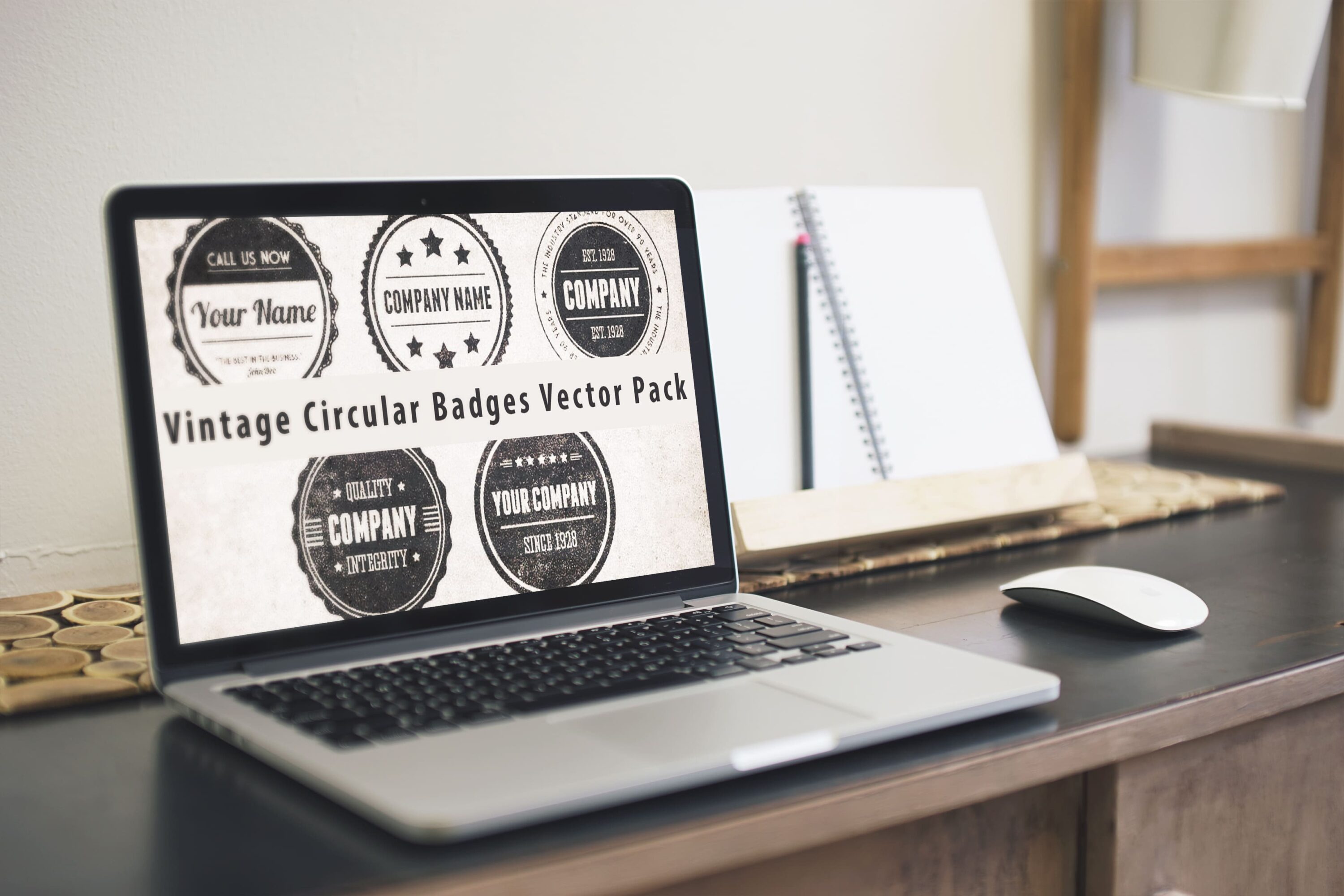 Laptop option of the Vintage Circular Badges Vector Pack.