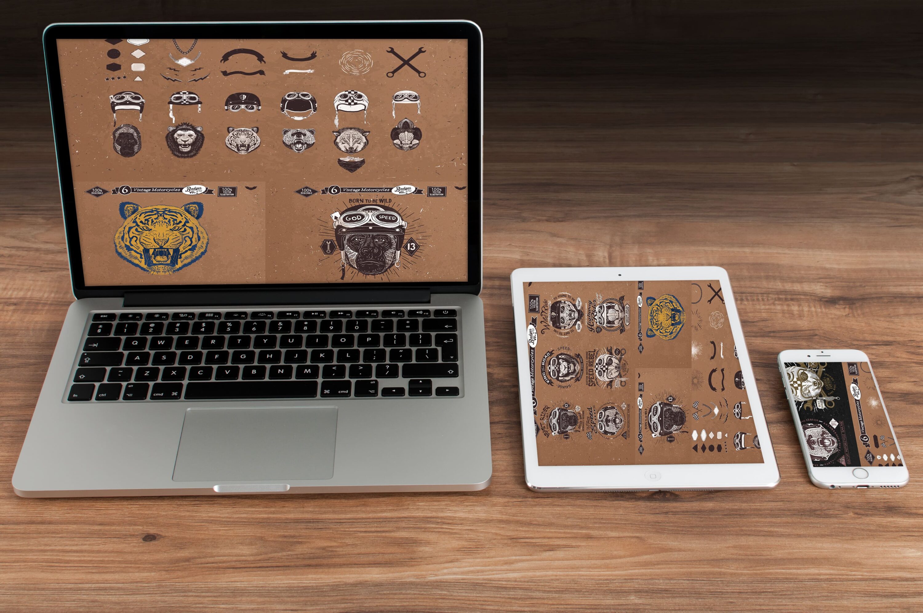 Laptop option of the 6 Vintage Motorcycles Badges Vol.2.