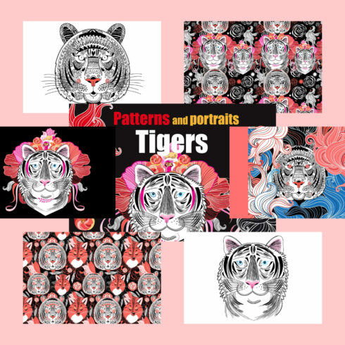 Patterns and portraits of tigers.