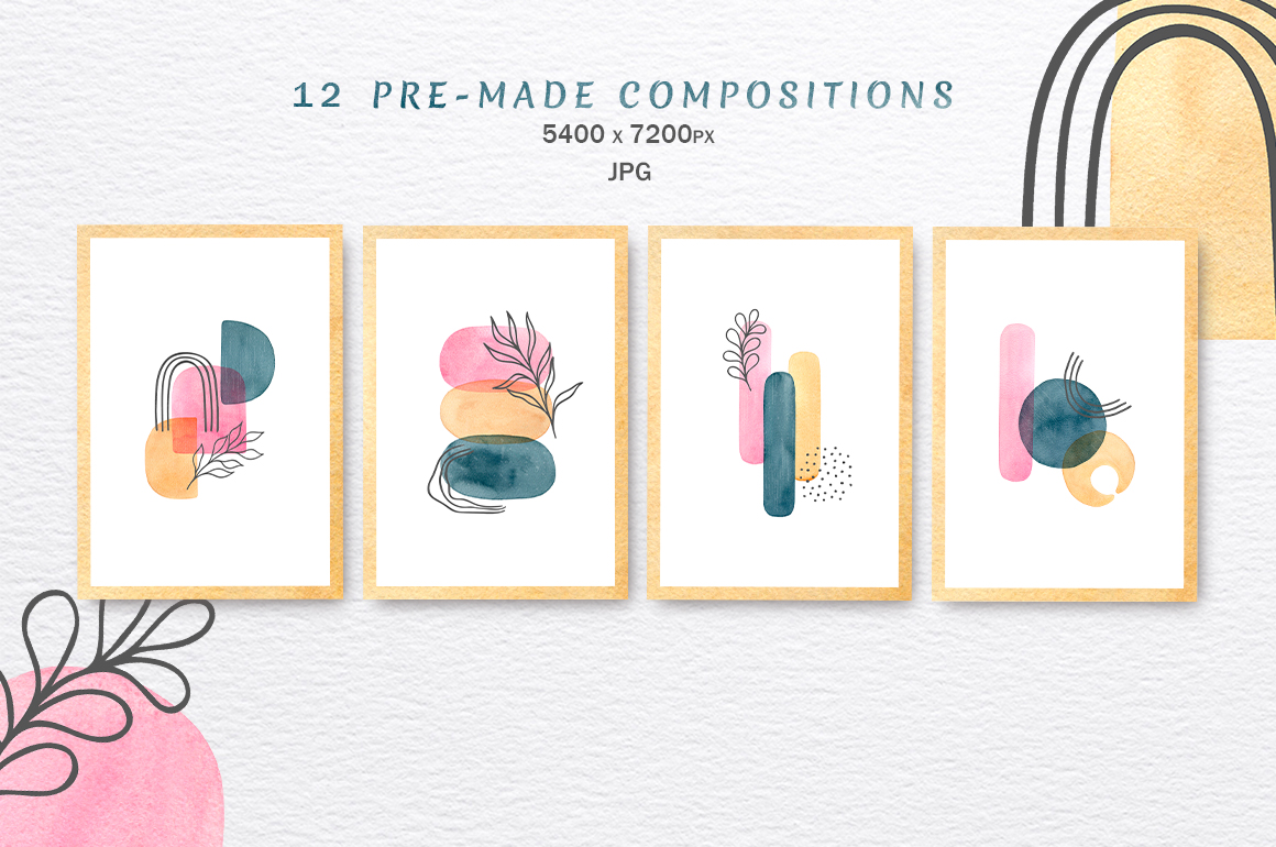 Watercolor Abstract Shapes and Hand drawn Vector Line Arts