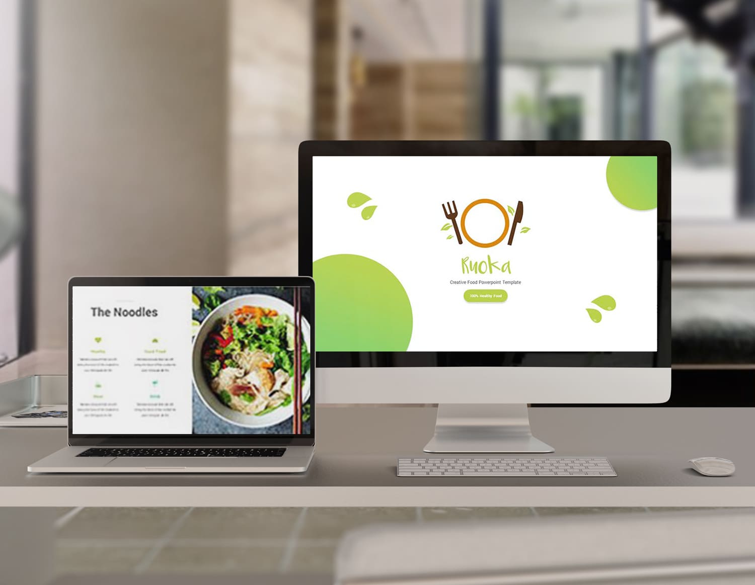 Ruoka Food Powerpoint Template - Mockup on desktop&laptop.