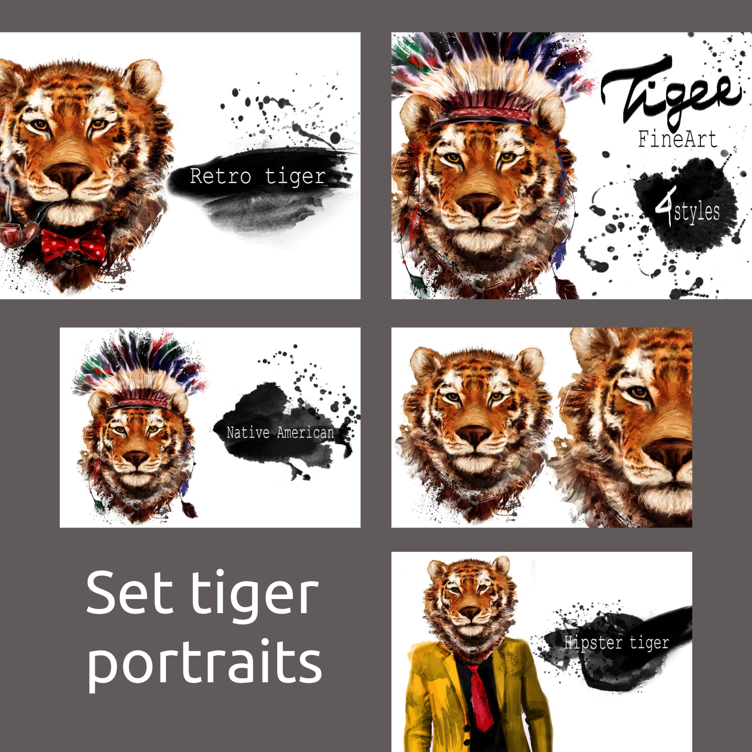 Set tiger portraits .4 styles.