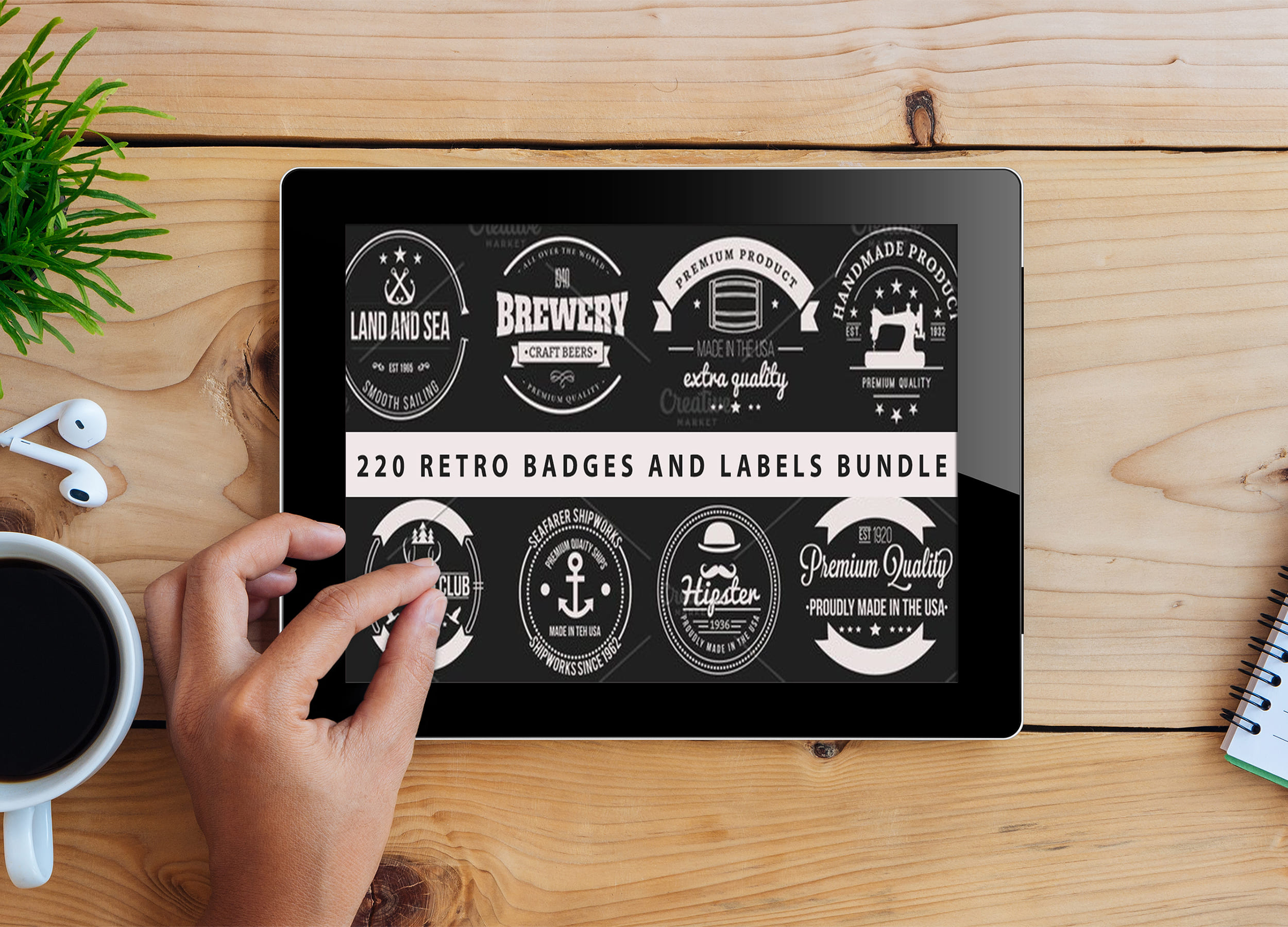 Tablet option of the 220 Retro Badges and Labels Bundle.