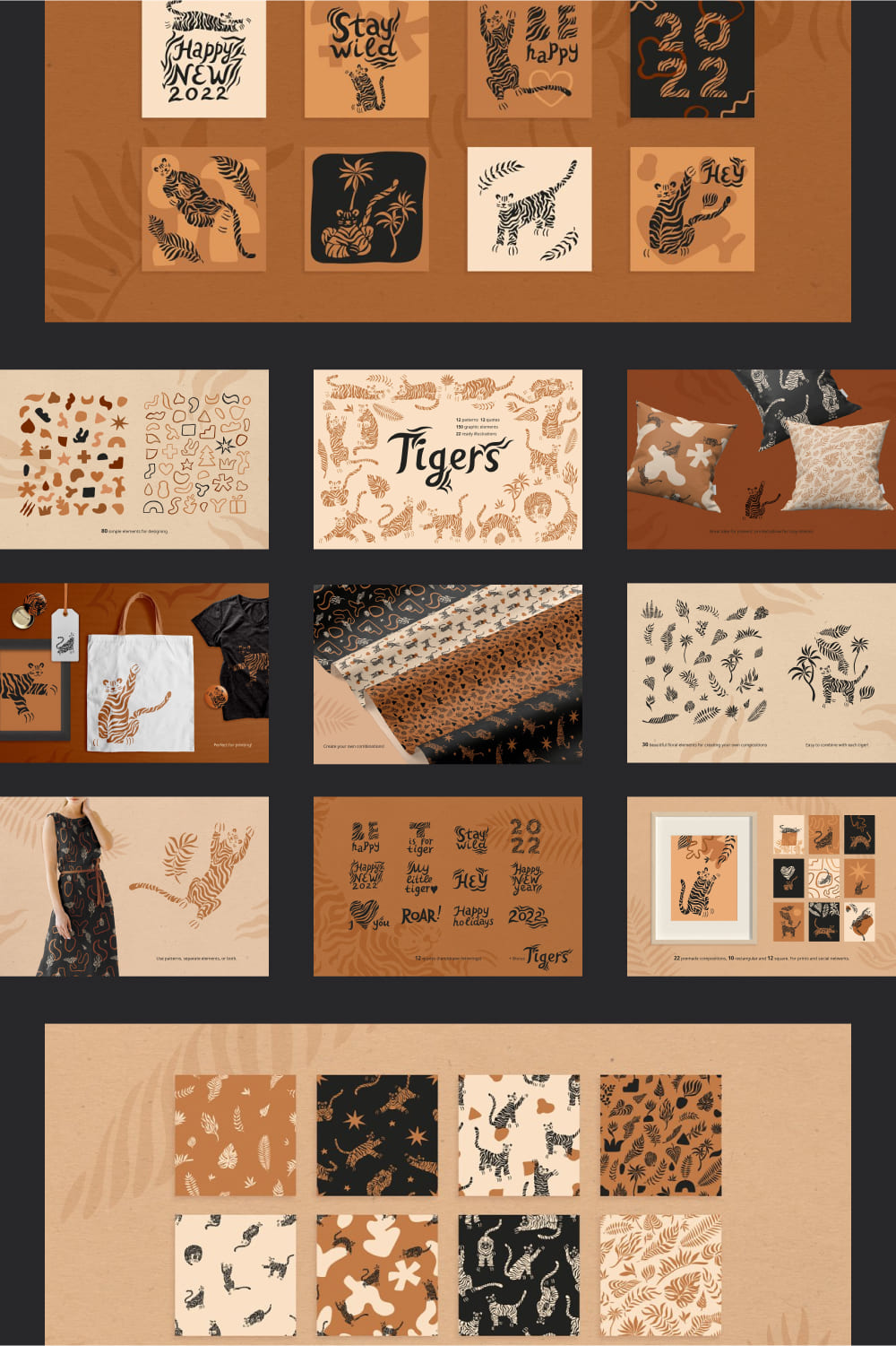 Tiger Set. Vector Elements, Patterns.