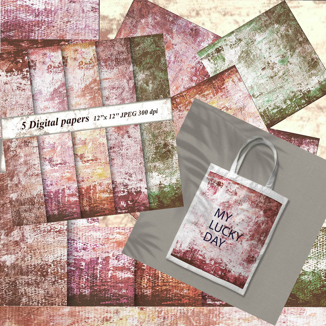 Digital Paper Set of mixed white and colorful oil painted canvas textures