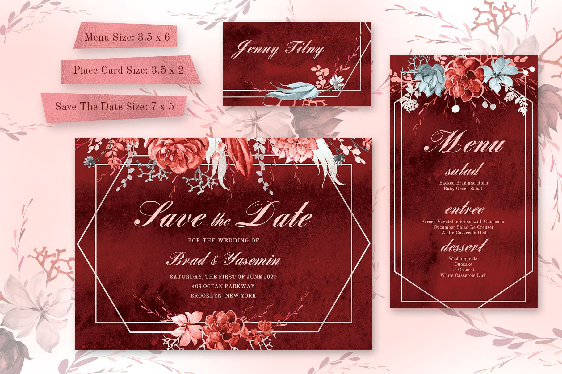 Delicate wedding marsala template with flowers.