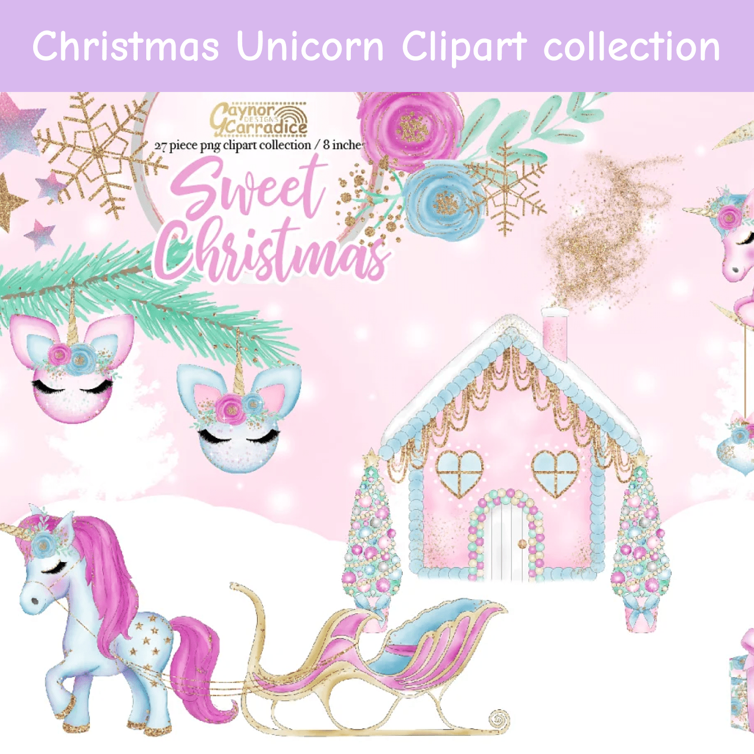 Christmas Unicorn Clipart collection.