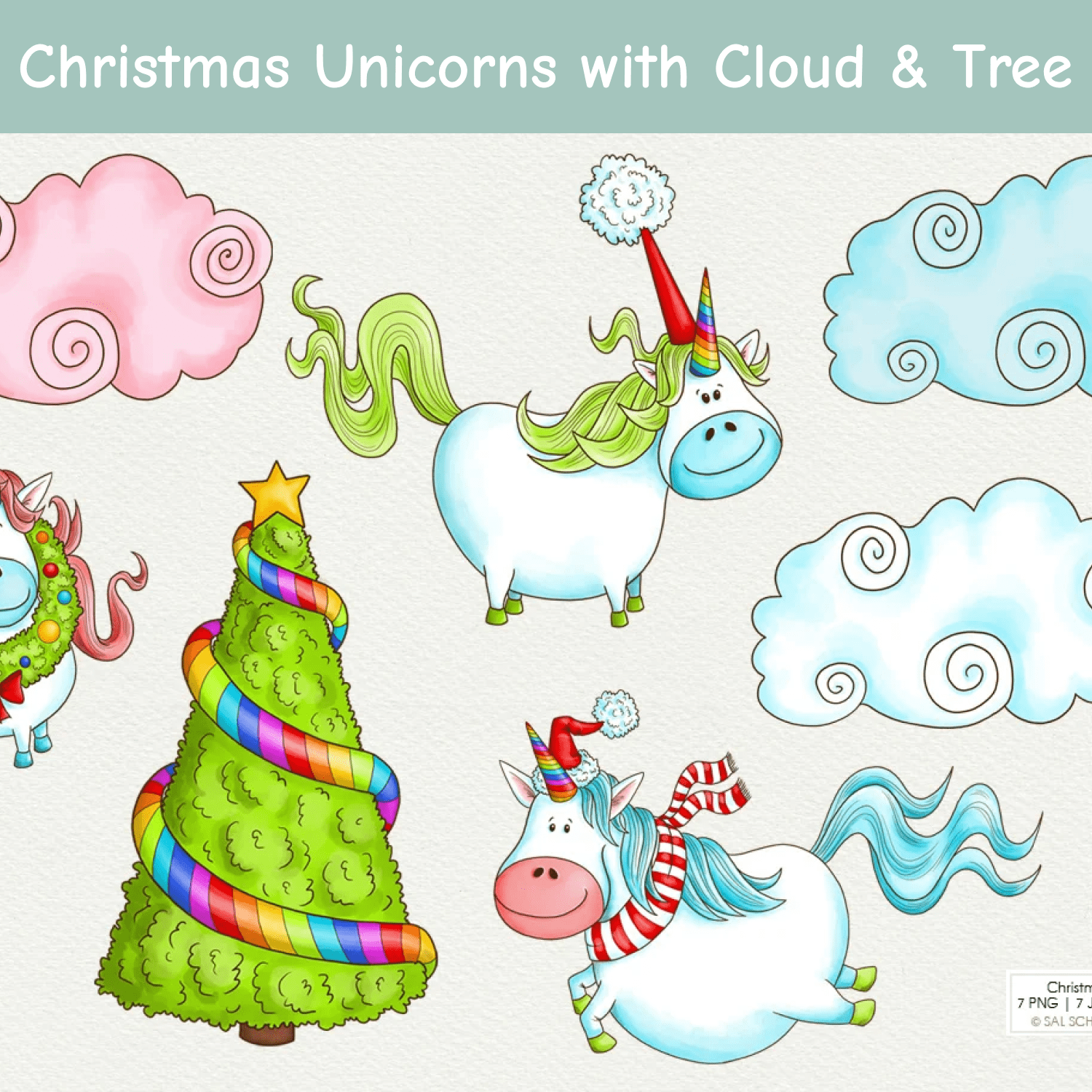 Christmas Unicorns with Cloud & Tree cover.