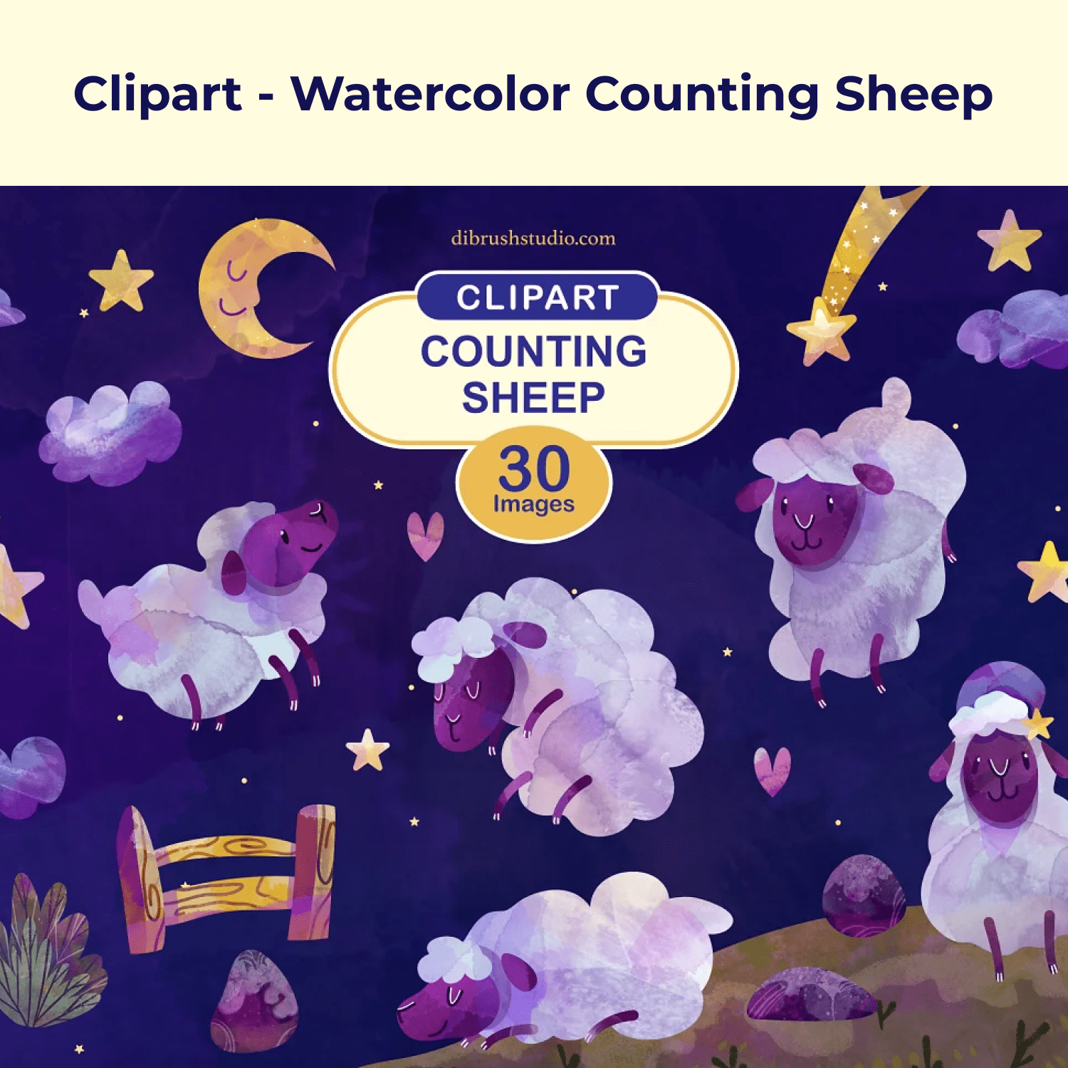 Clipart - Watercolor Counting Sheep.