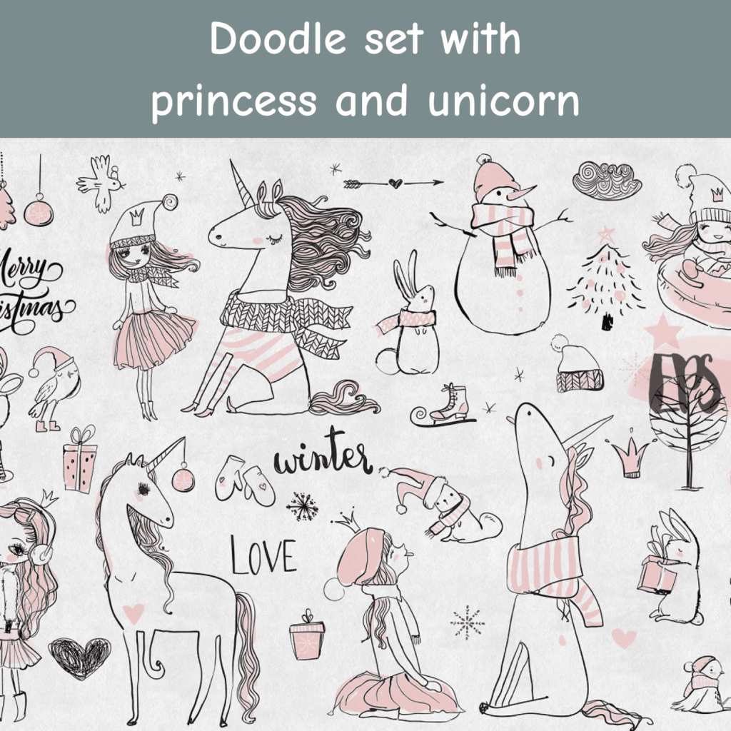 Doodle Set With Princess And Unicorn Masterbundles