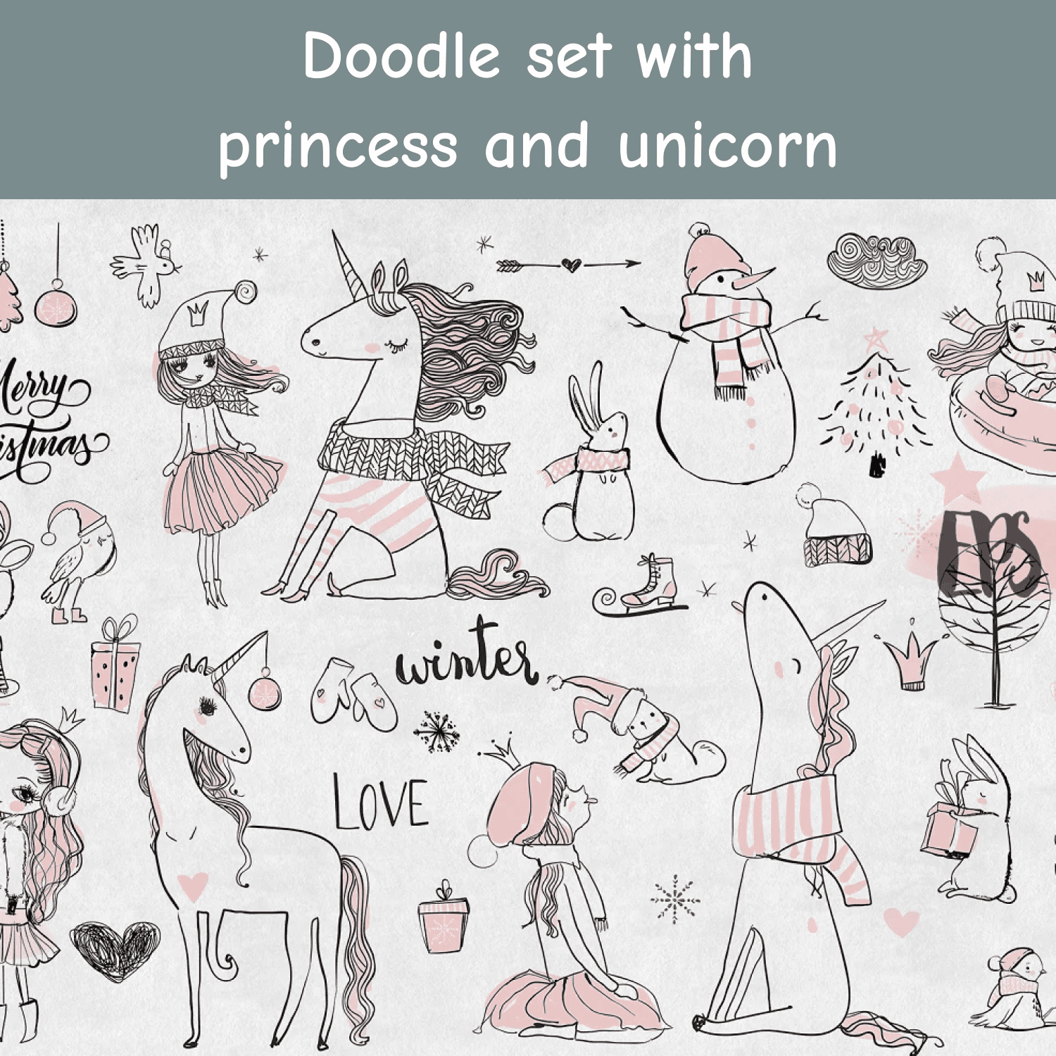 doodle set with princess and unicorn.