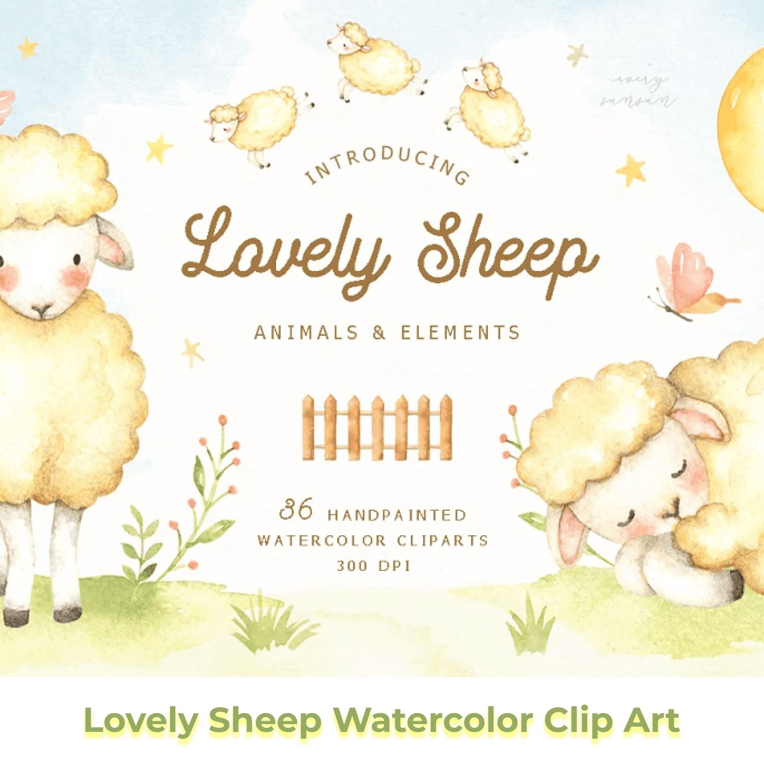 Lovely Sheep Watercolor Clip Art cover.