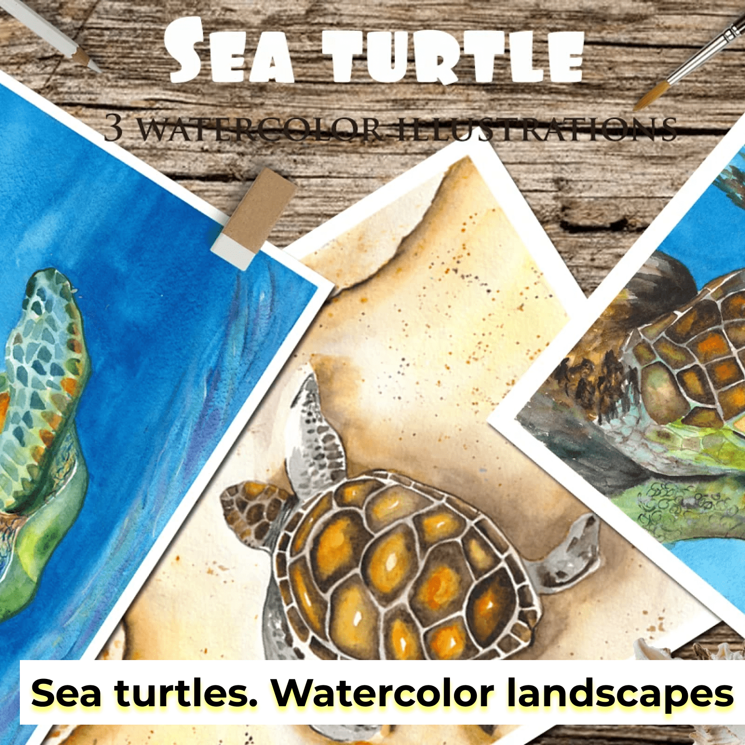 Save Sea turtles. Watercolor landscapes.