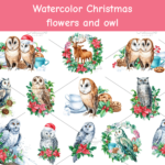 Watercolor Christmas flowers and owl.