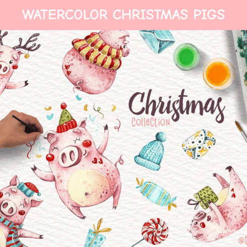 Watercolor Christmas pigs.