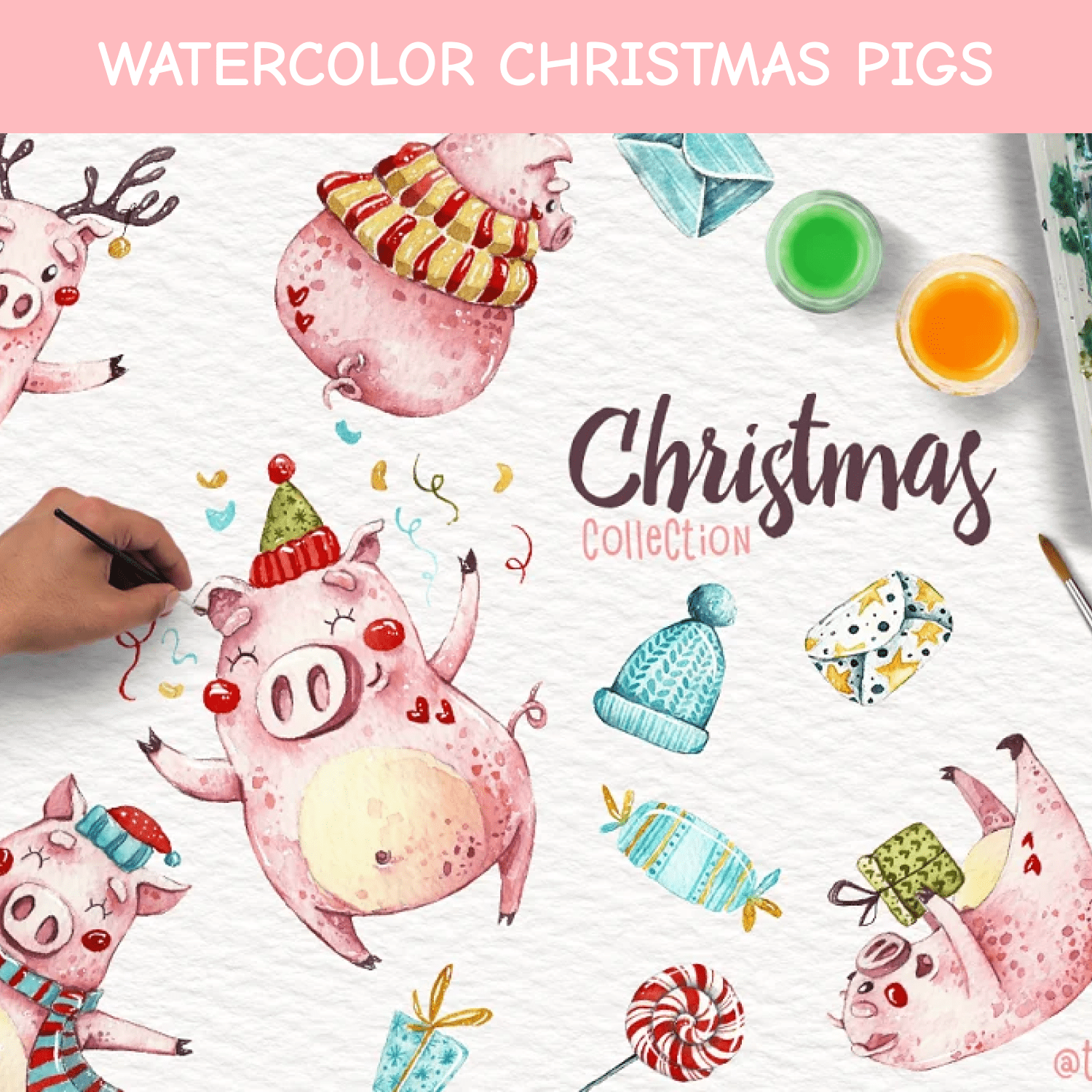 Watercolor Christmas pigs.