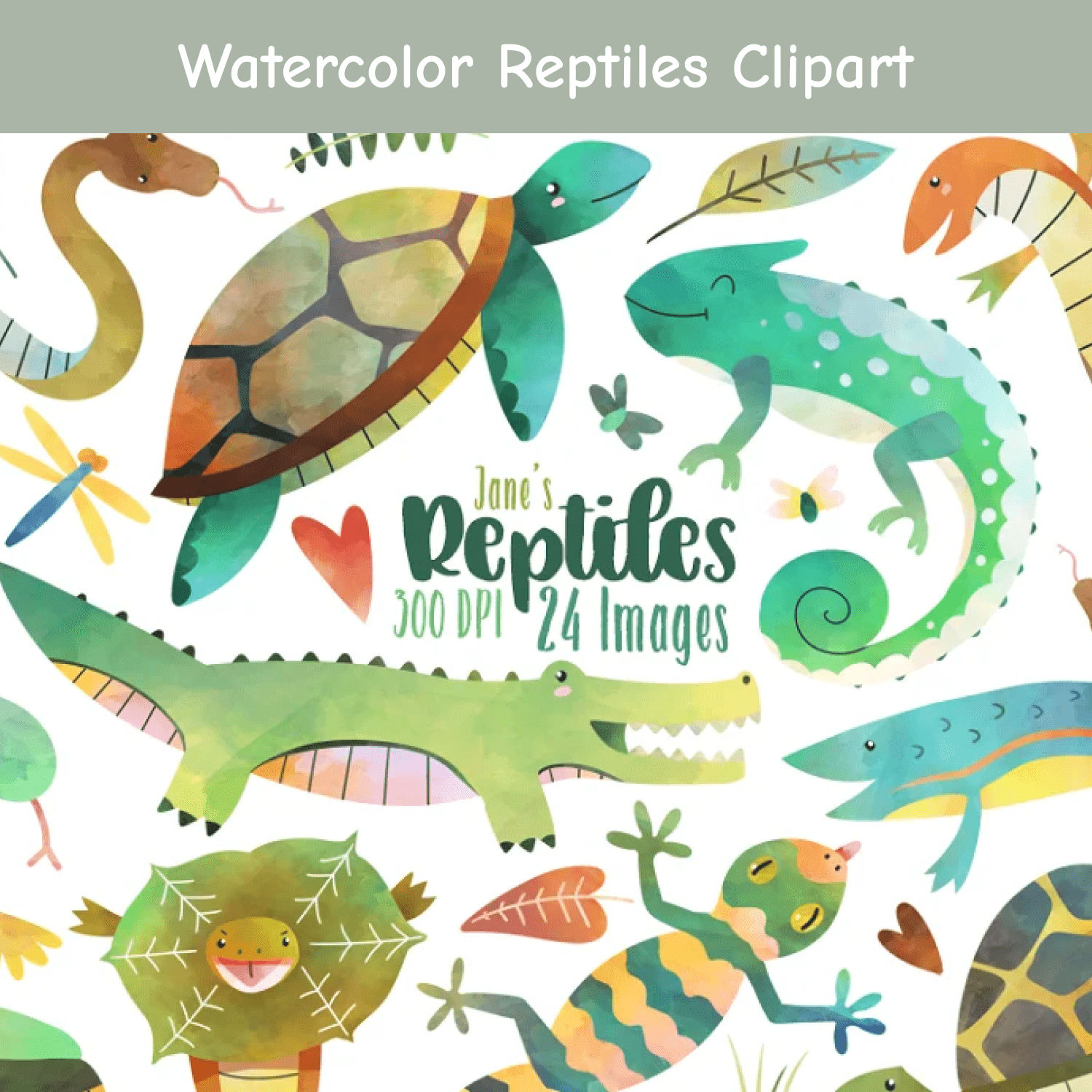 Watercolor Reptiles Clipart cover.