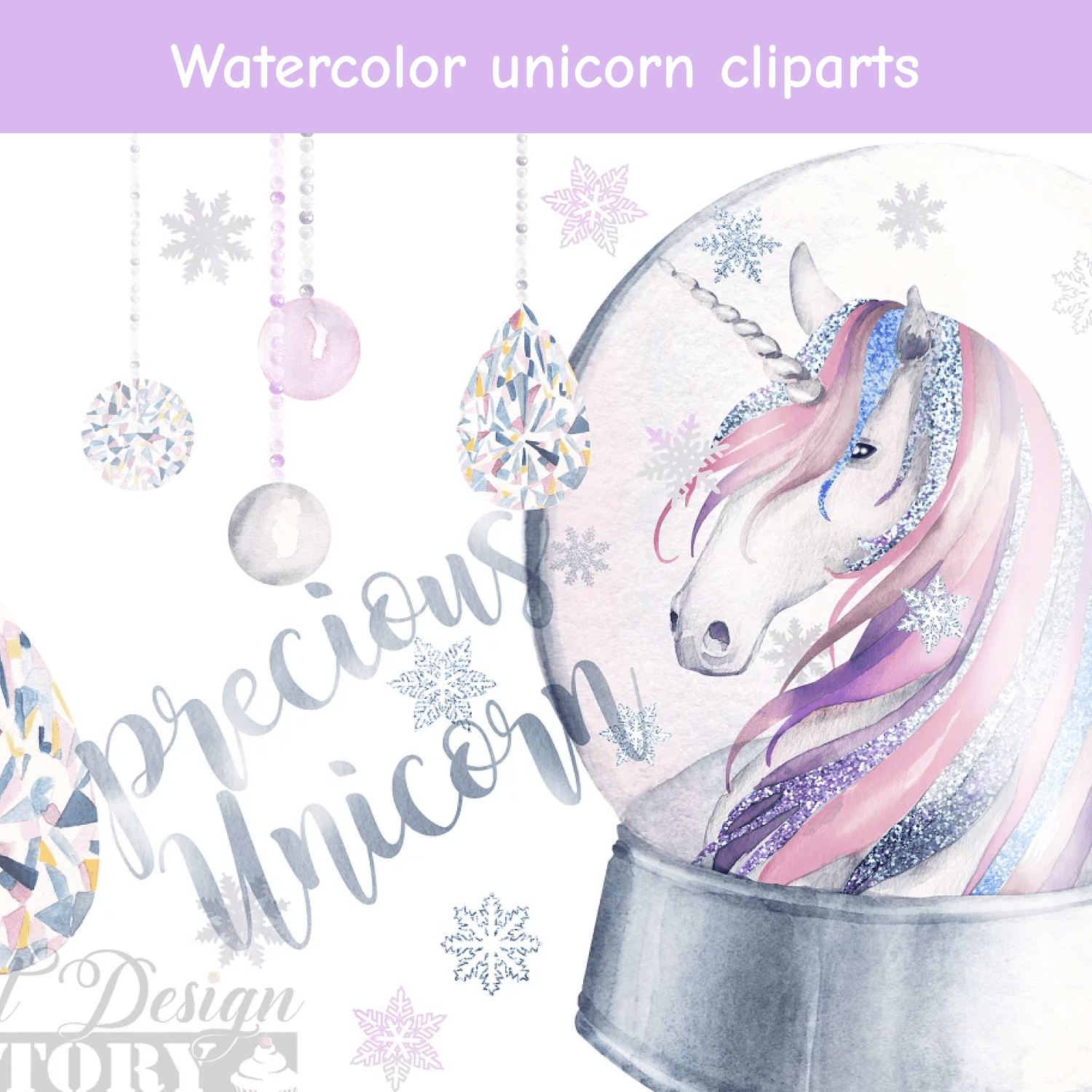 Watercolor unicorn cliparts cover.