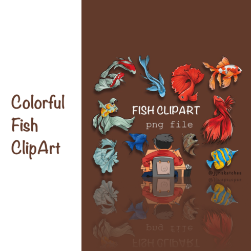 Colorful fish clipart on a brown background.