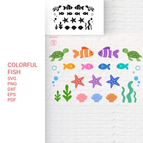 Colorful fish and starfish stencils on a white brick wall.