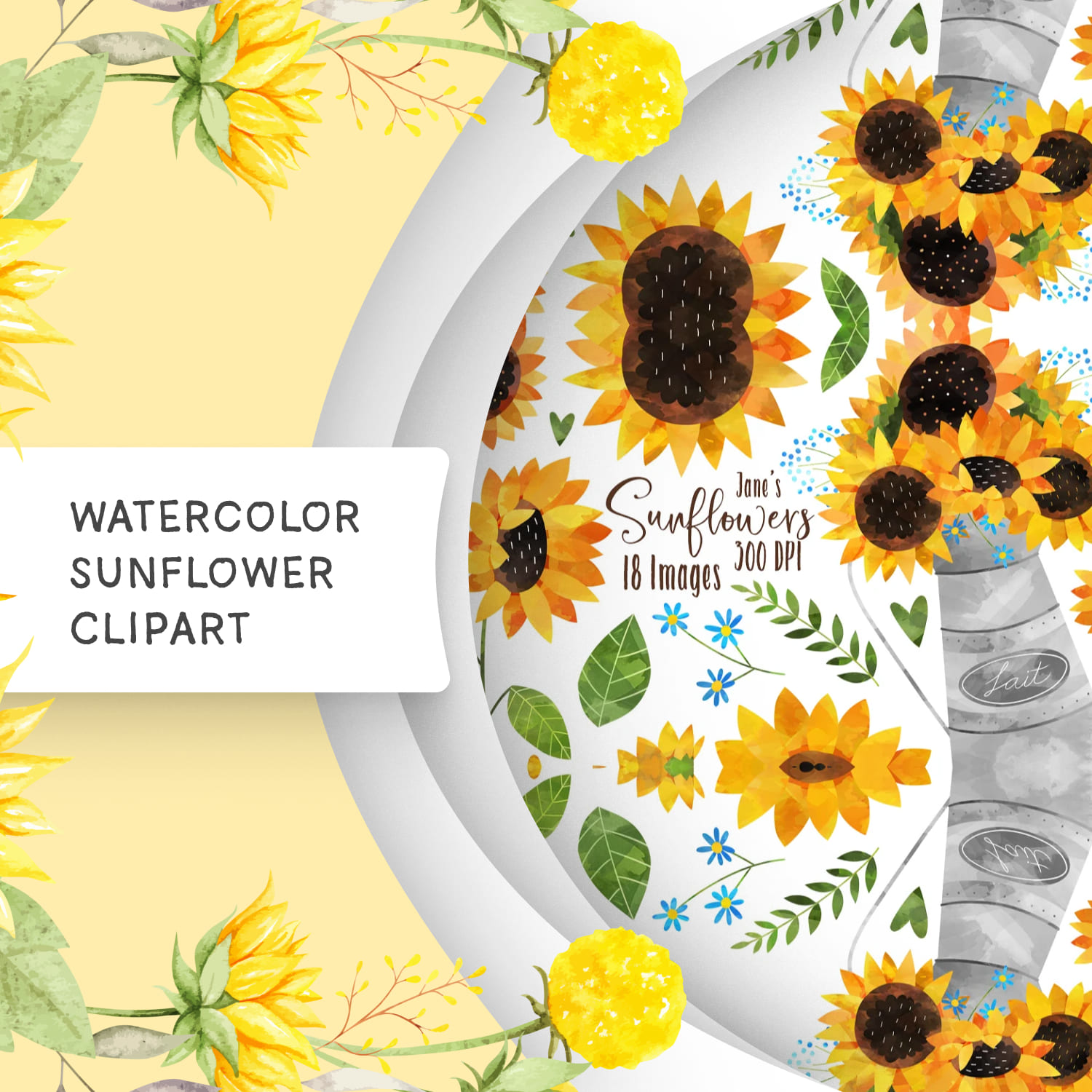 Watercolor Sunflower Clipart.