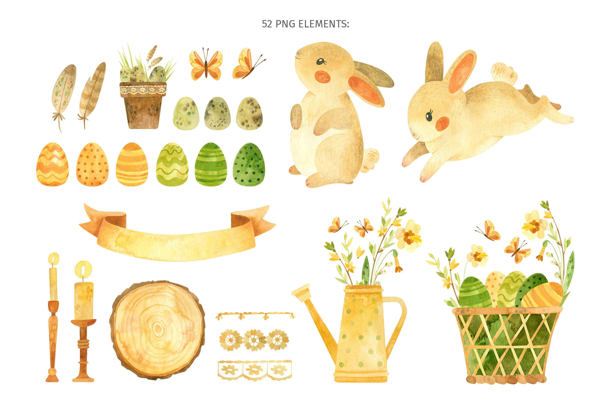 Rustic Easter Watercolor Clipart: 52 PNG elements.