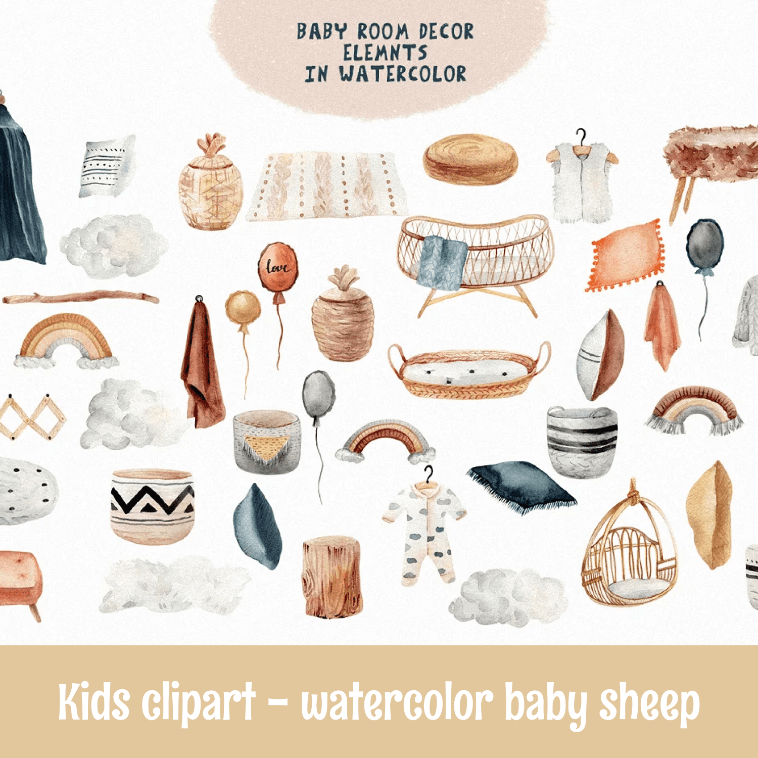 Kids clipart - watercolor baby sheep cover.