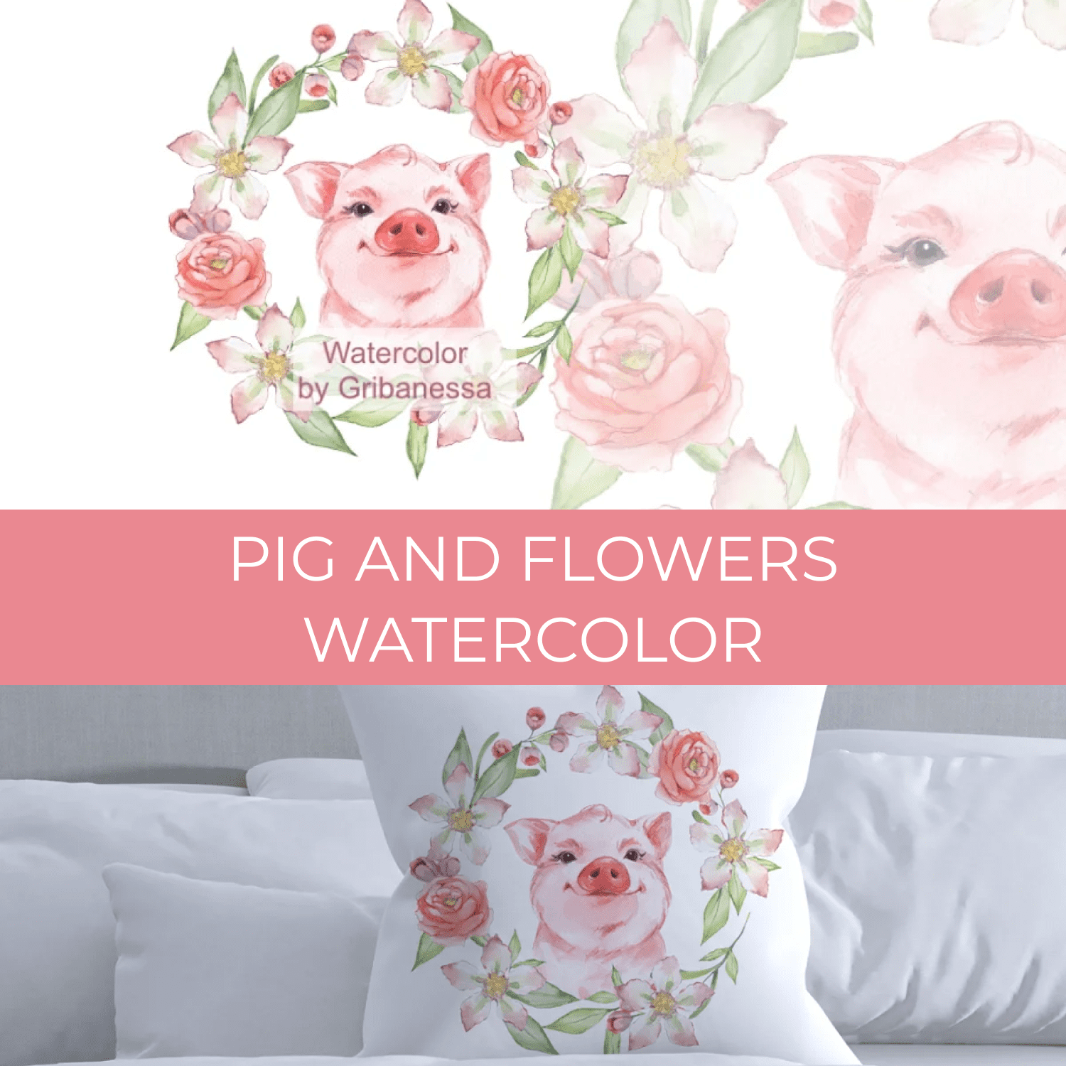 Pig and flowers. Watercolor cover.