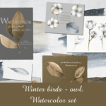 Winter birds - owl. Watercolor set.