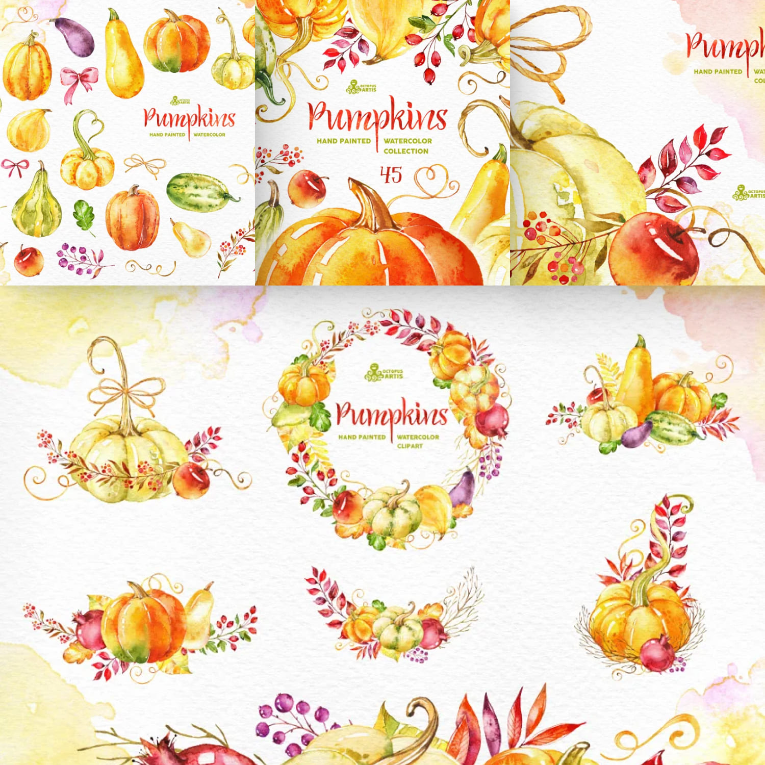 Pumpkins. Watercolor collection cover.