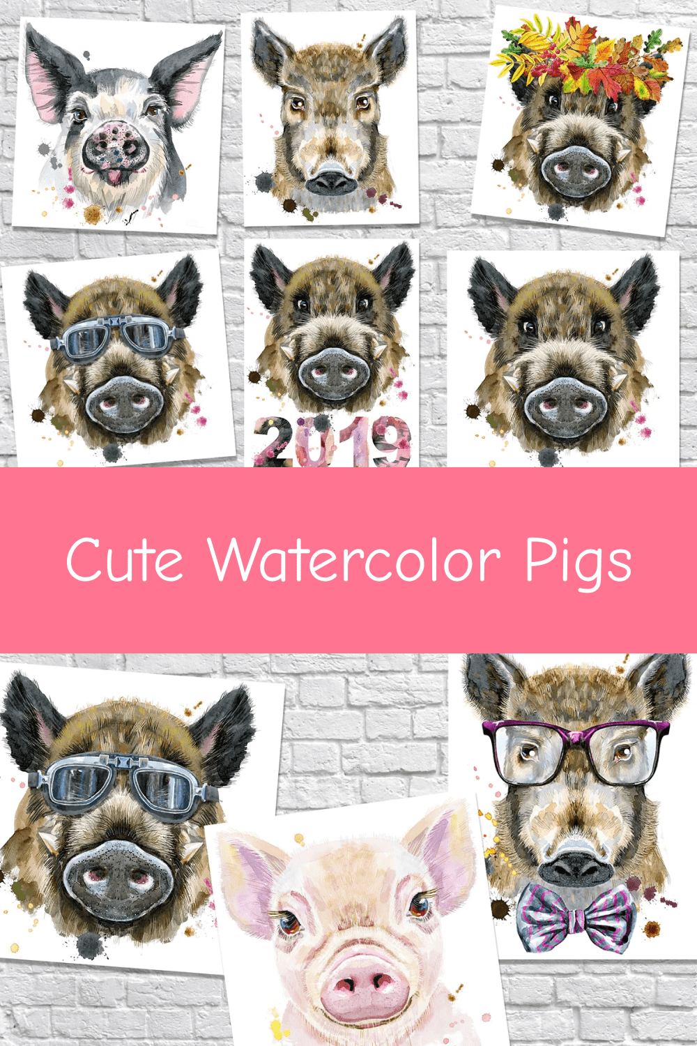Cute Watercolor Pigs.