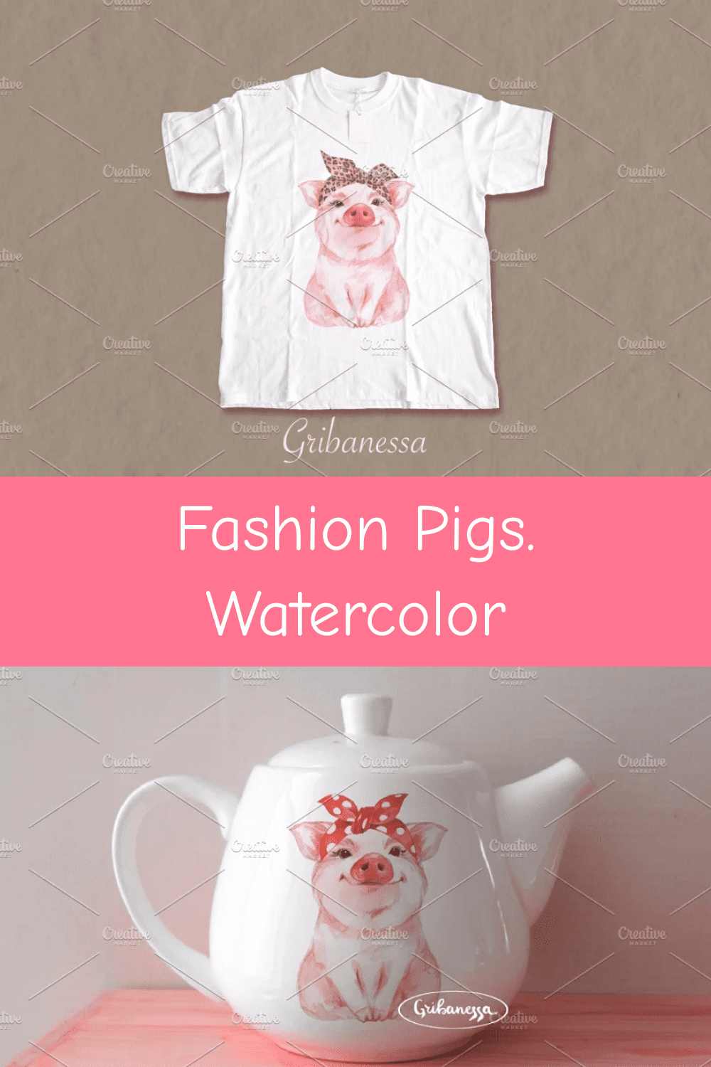 Fashion pigs. Watercolor.