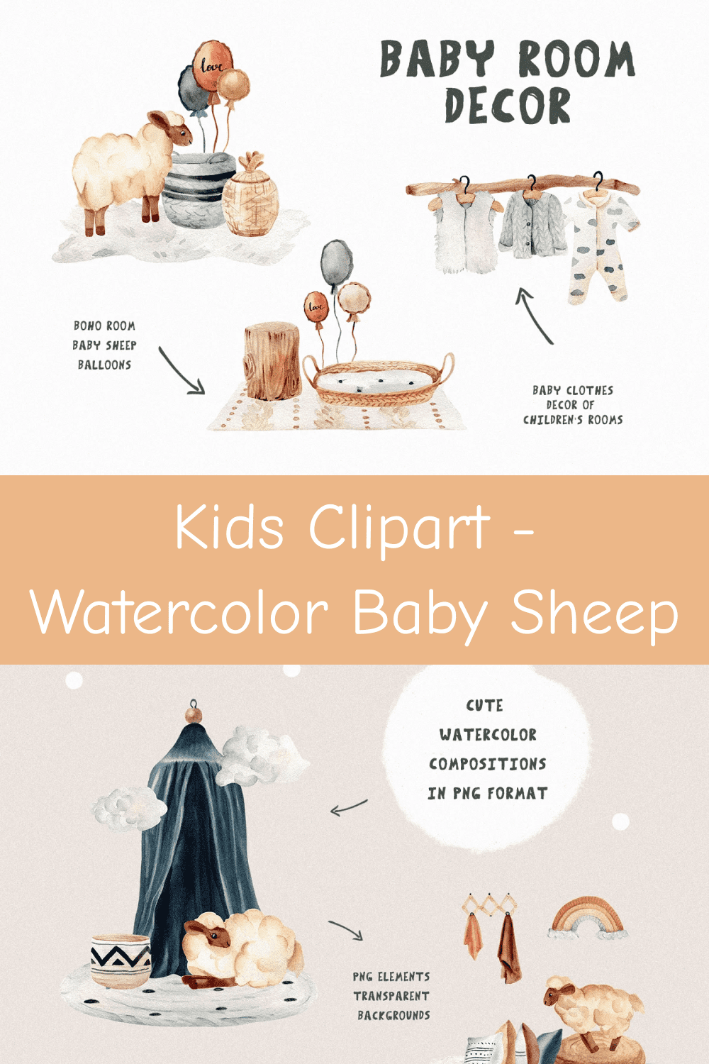 Kids Clipart - Watercolor Baby Sheep.