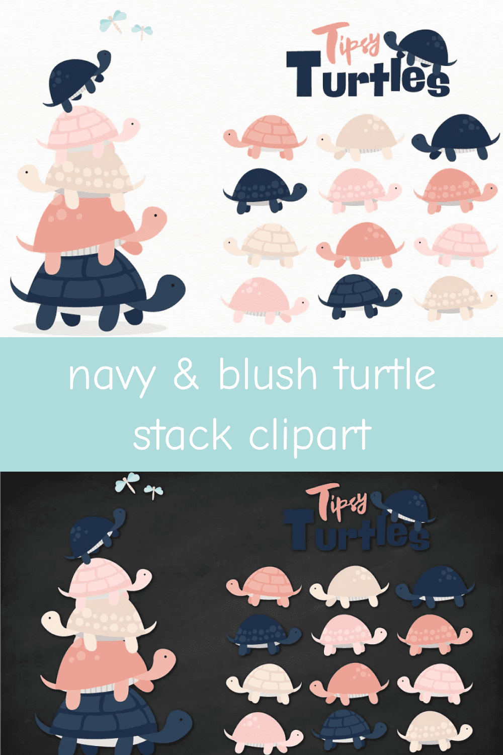 Navy & Blush Turtle Stack Clipart.