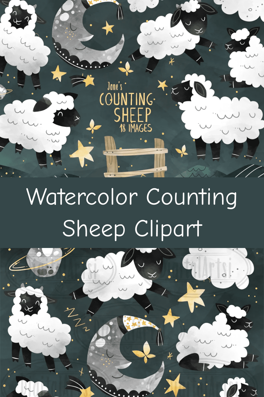 Watercolor Counting Sheep Clipart.