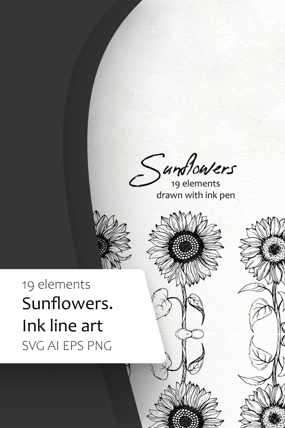 Sunflowers. Ink Line Art.