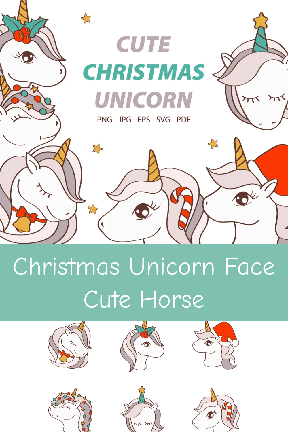 Christmas Unicorn Face, Cute Horse.