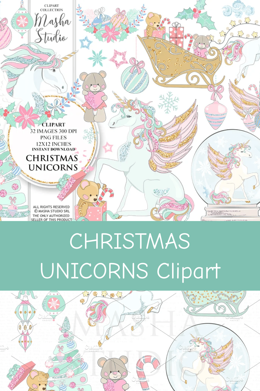 Christmas Unicorns Clipart.