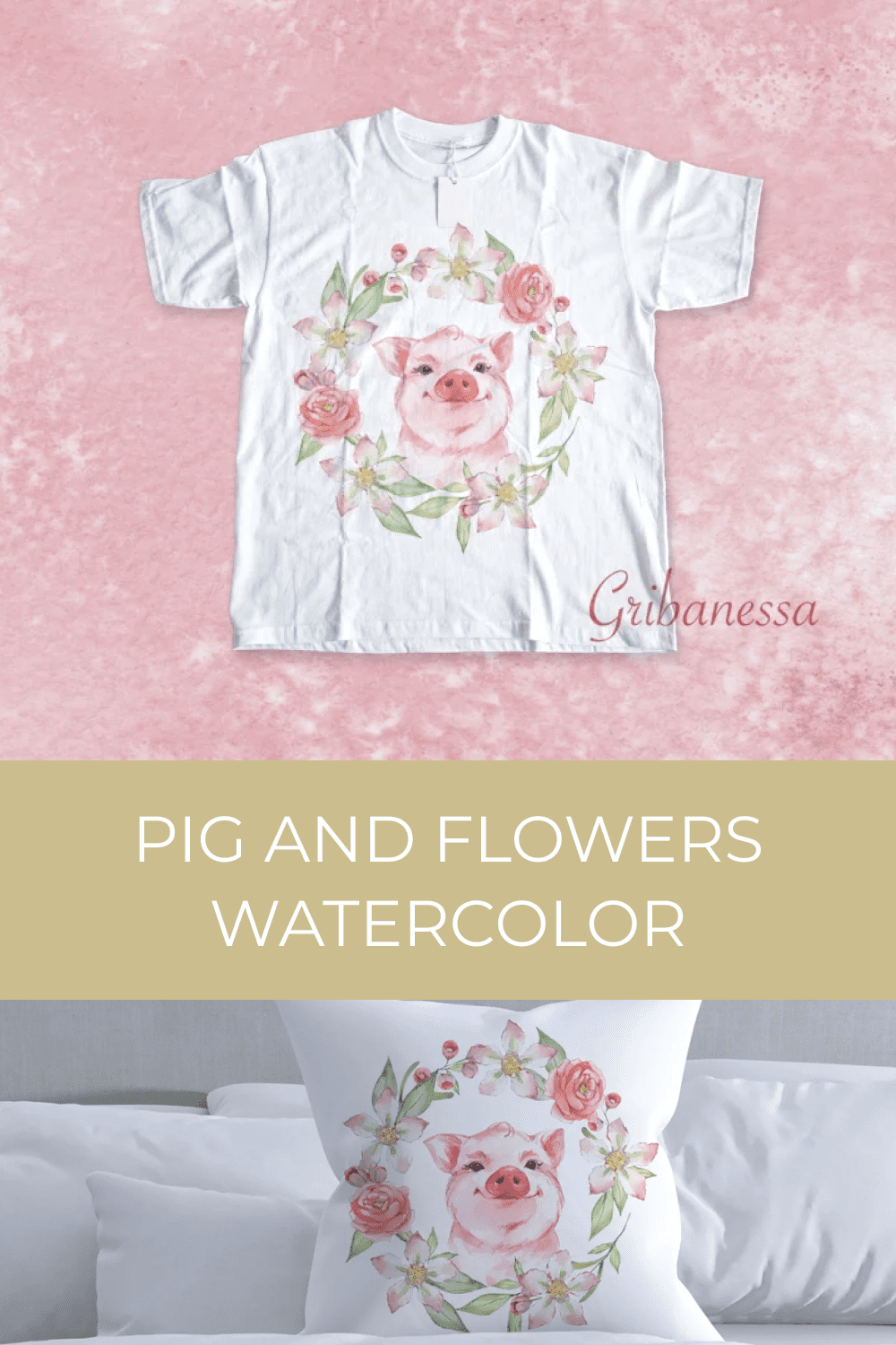 Pig and flowers. Watercolor.