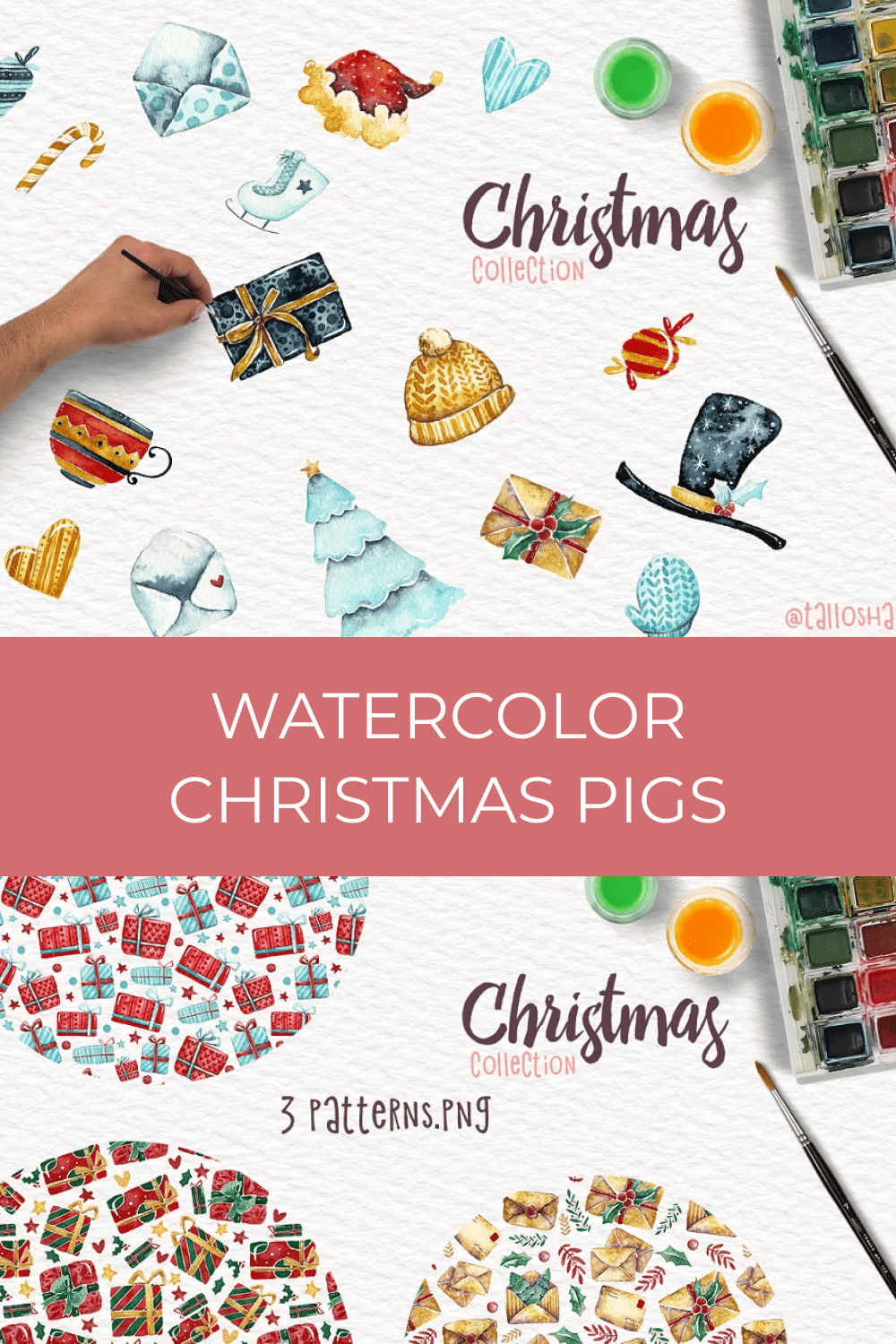Watercolor Christmas Pigs.