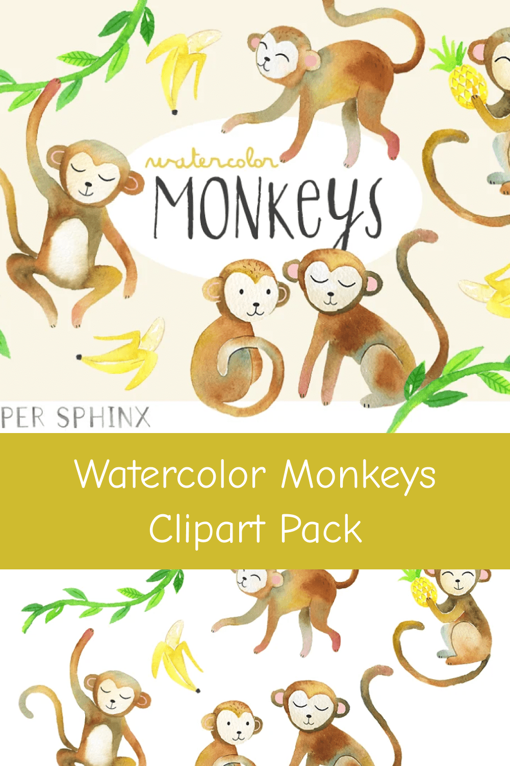 04 watercolor monkeys clipart pack 1000h1500