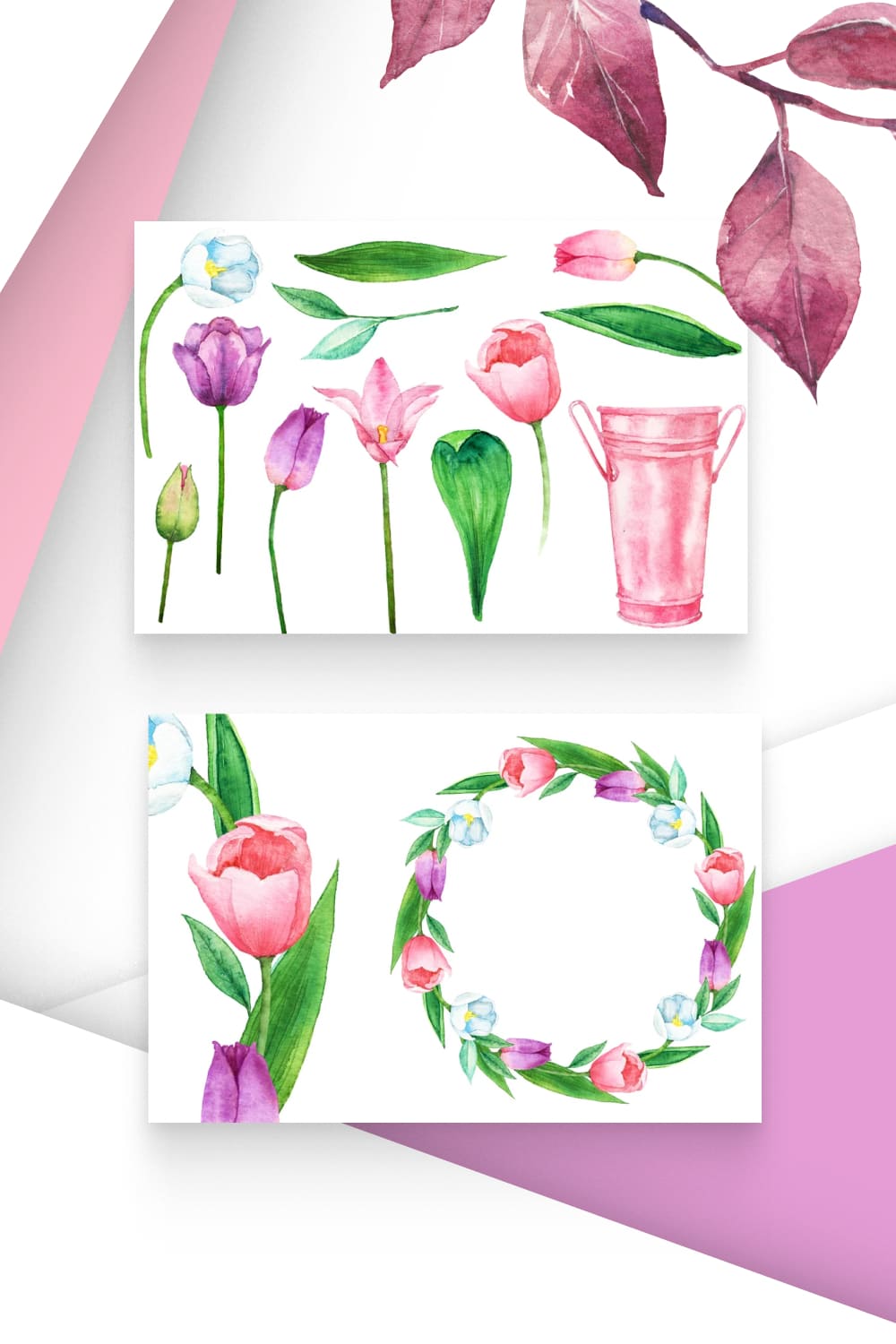 Watercolor Tulip Bouquet & Clipart.