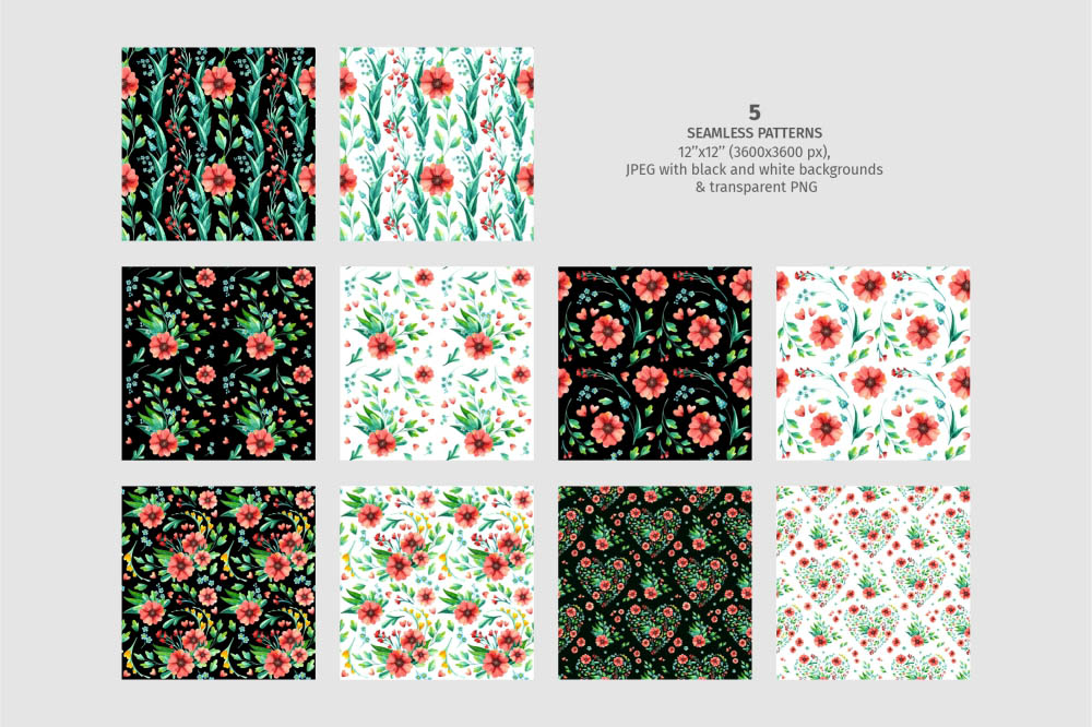 Spring Flowers Watercolor patterns.