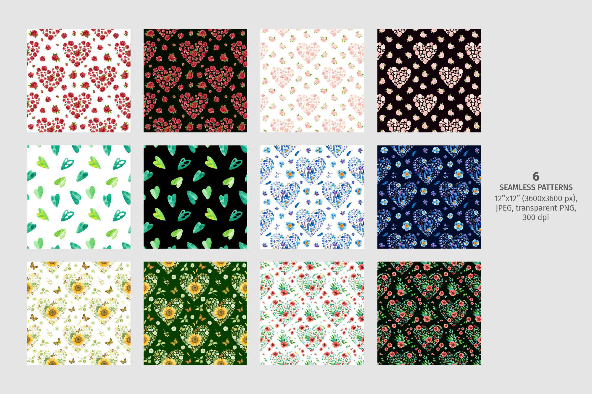 Floral Hearts PNG patterns collection.