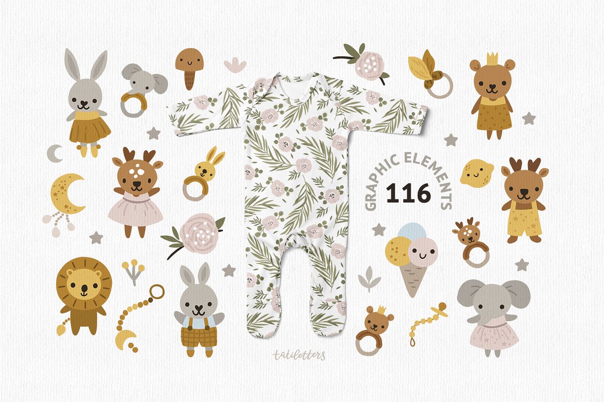 This vector set includes graphic elements, baby seamless patterns and nursery prints.