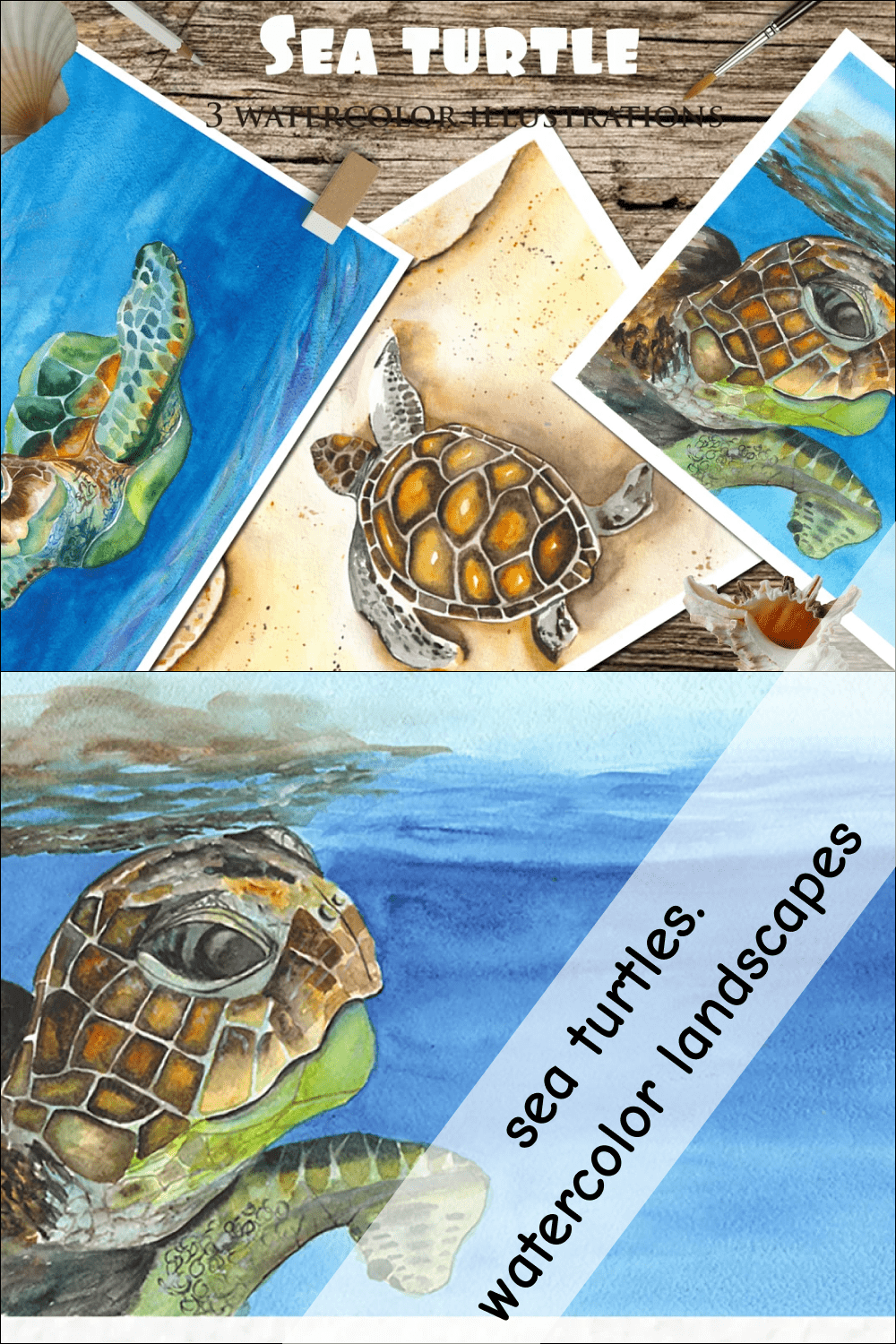 Sea Turtles. Watercolor Landscapes.