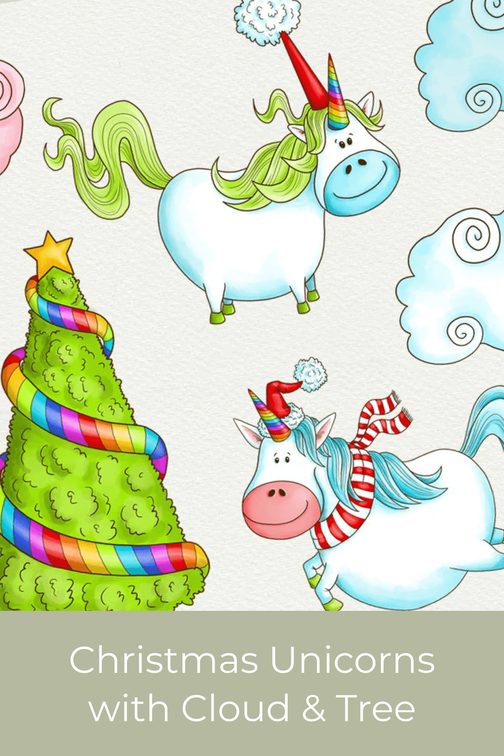 Christmas Unicorns with Cloud & Tree.