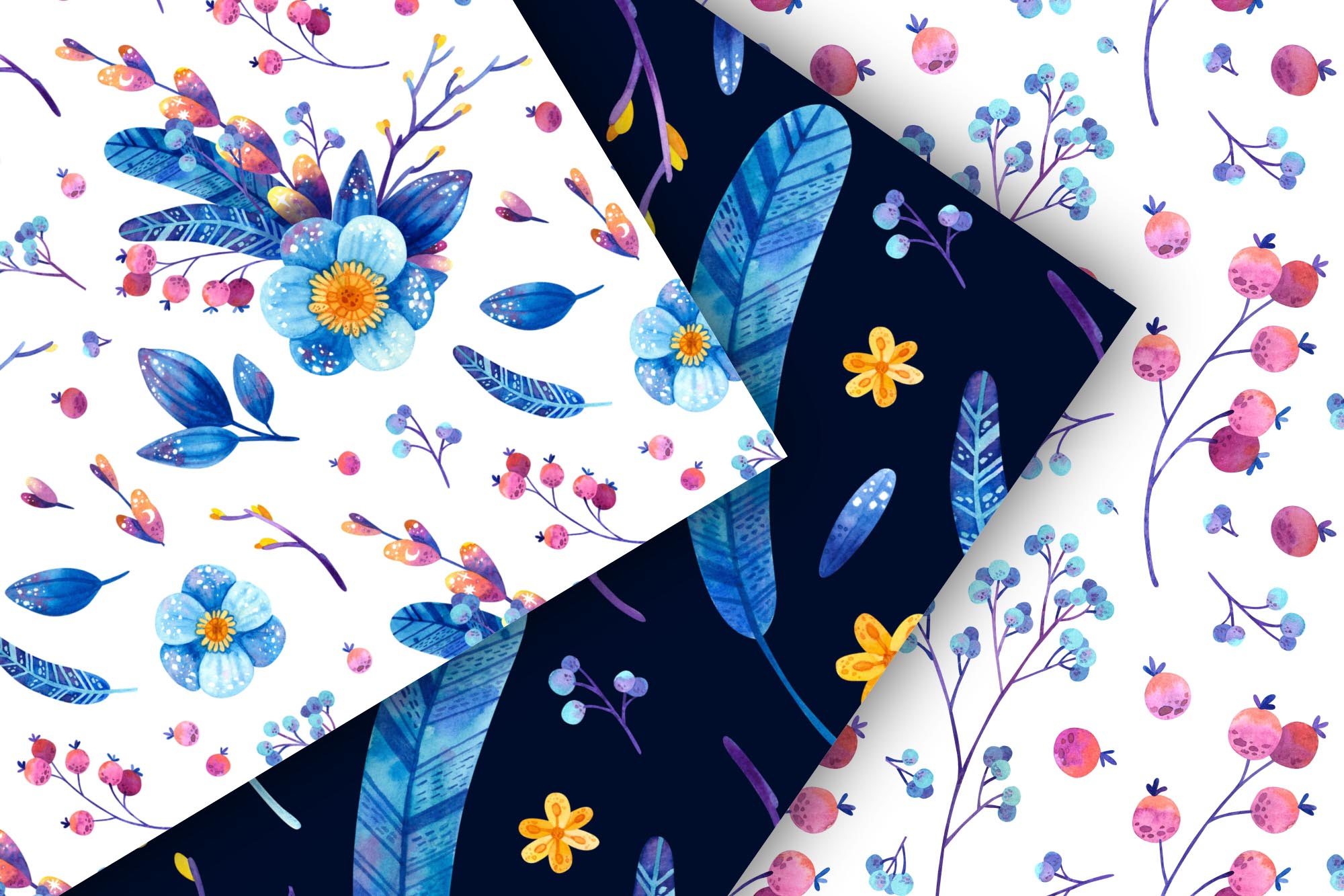 Blue flowers and berries patterns.